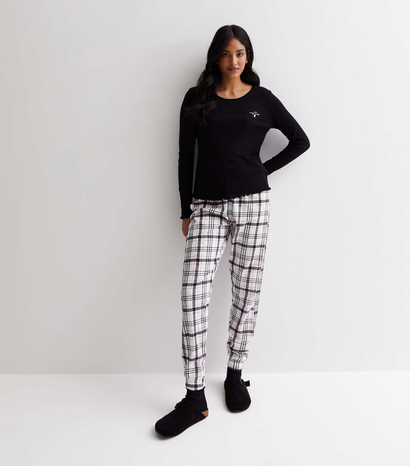 Black Cotton Trouser Pyjama Set with Check Print Image 2