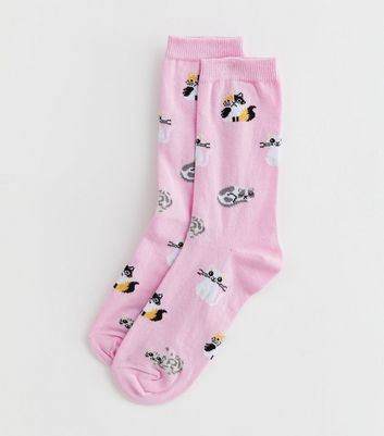 Pink Kitten Print Socks New Look