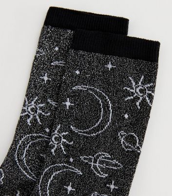 Black Glitter Planet Socks New Look