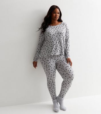 Curves Pale Grey Leggings Pyjama Set with Heart Print New Look