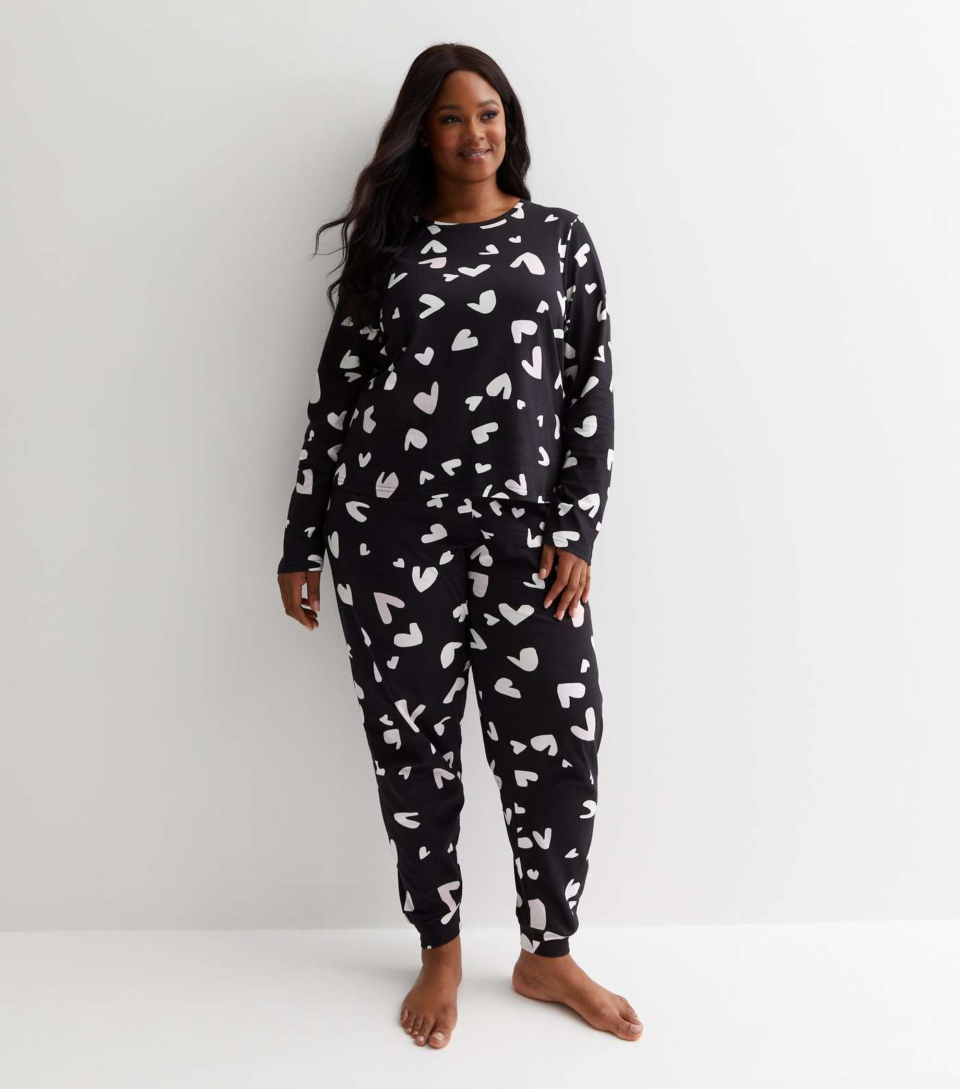 Curves Black Cotton Jogger Pyjama Set with Heart Print Image 3