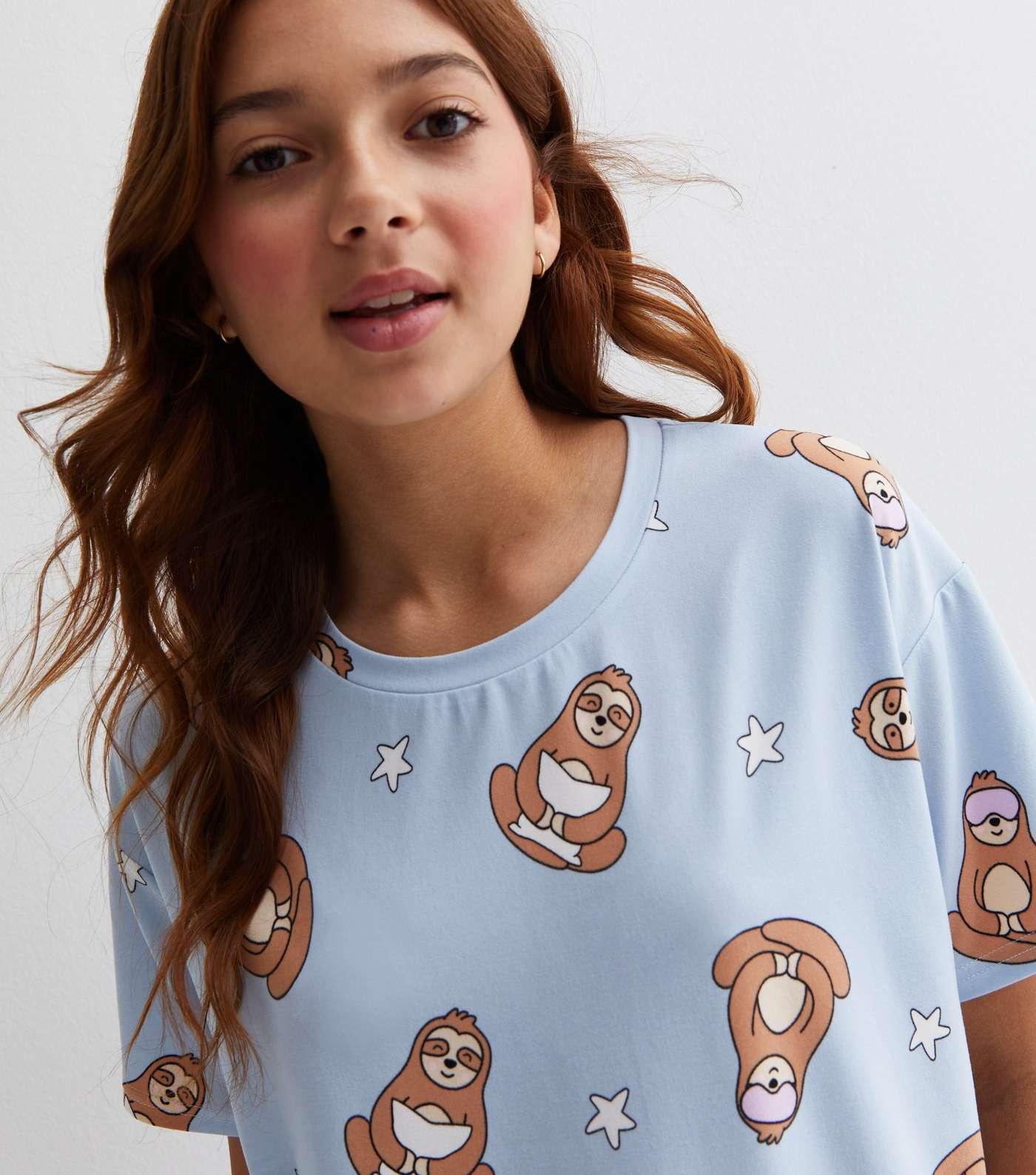 Girls Blue Short Pyjama Set with Sloth Print Image 2