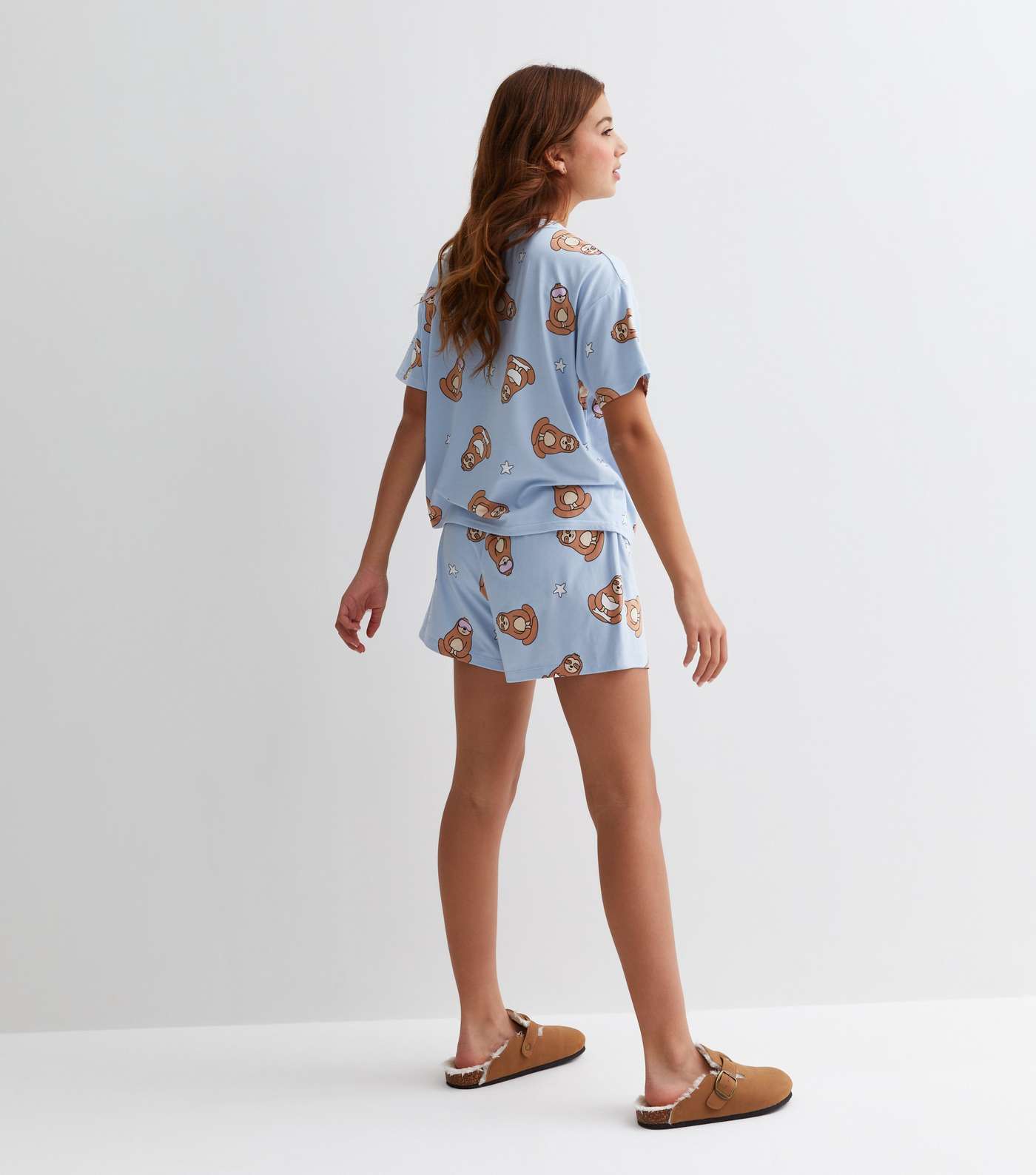 Girls Blue Short Pyjama Set with Sloth Print Image 4