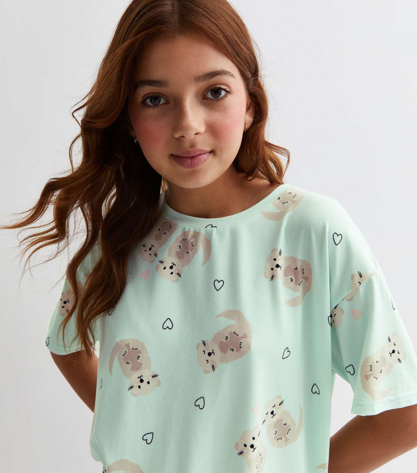 Girls Green Short Pyjama Set with Otter Print Image 2