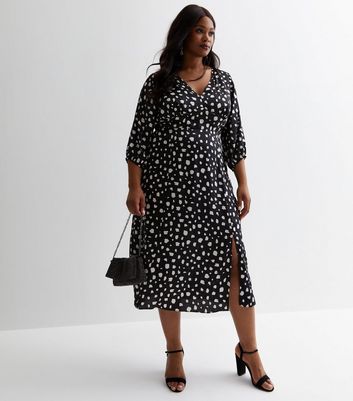 Curves Black Satin Spot Print Split Hem Midi Dress | New Look