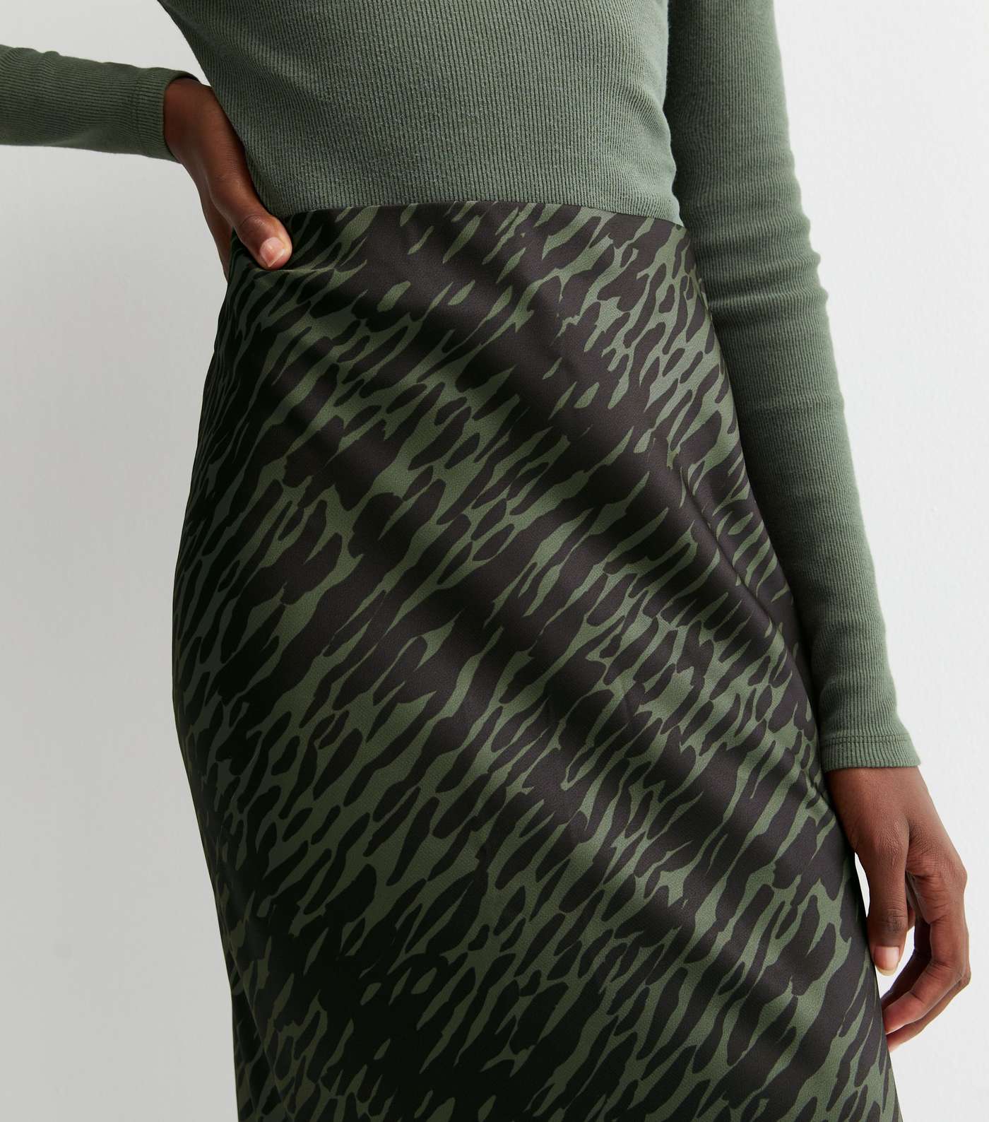 Tall Green Satin Animal Print Bias Cut Midi Skirt Image 2