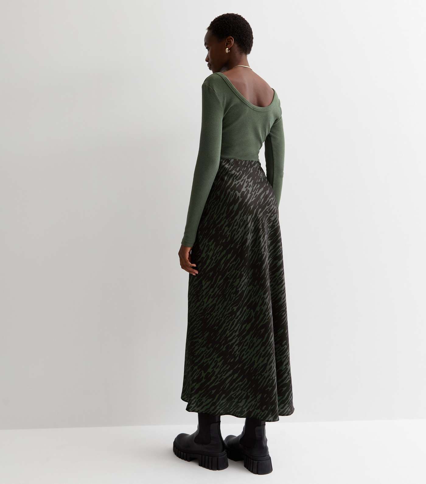 Tall Green Satin Animal Print Bias Cut Midi Skirt Image 4