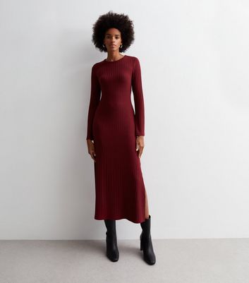Burgundy Ribbed Split Hem Midaxi Dress New Look