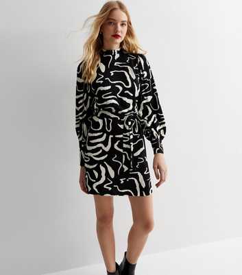Black Abstract Line Print Belted Mini Dress