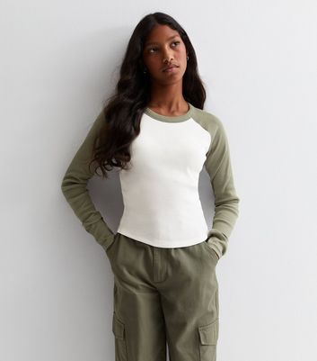 Girls Olive Ribbed Raglan Long Sleeve Top | New Look