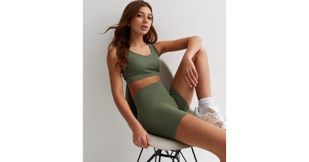 Girls Khaki Ribbed Cycling Shorts New Look