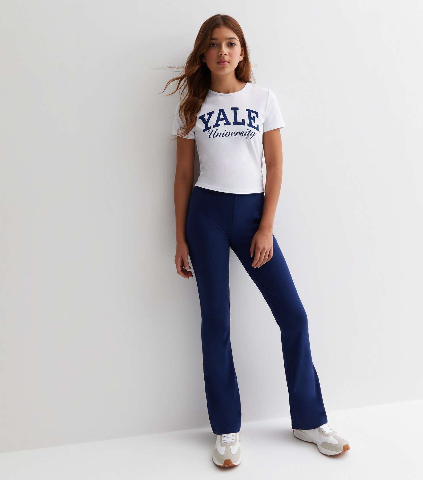 Girls Navy High Fold Over Waist Flared Trousers Image 3