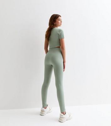 Girls Light Green Ribbed High Waist Sports Leggings New Look