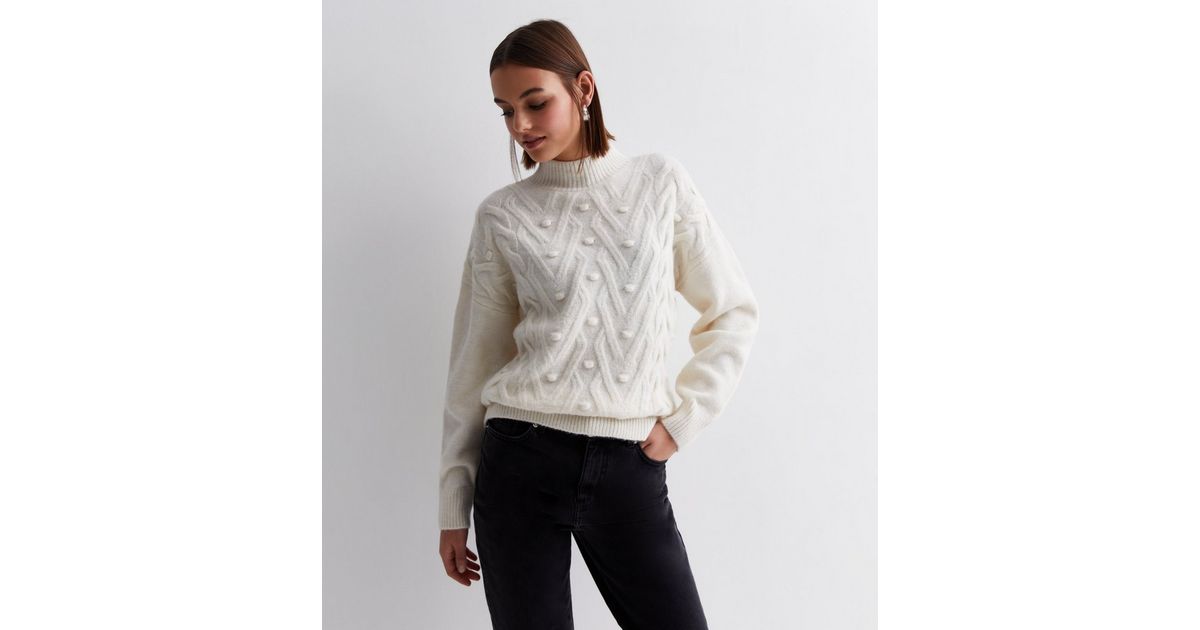 Cream Cable Knit Bobble High Neck Jumper New Look