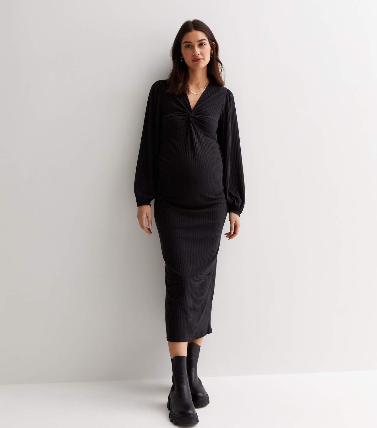 Women's Maternity Black Ribbed Twist Front Midi Dress New Look