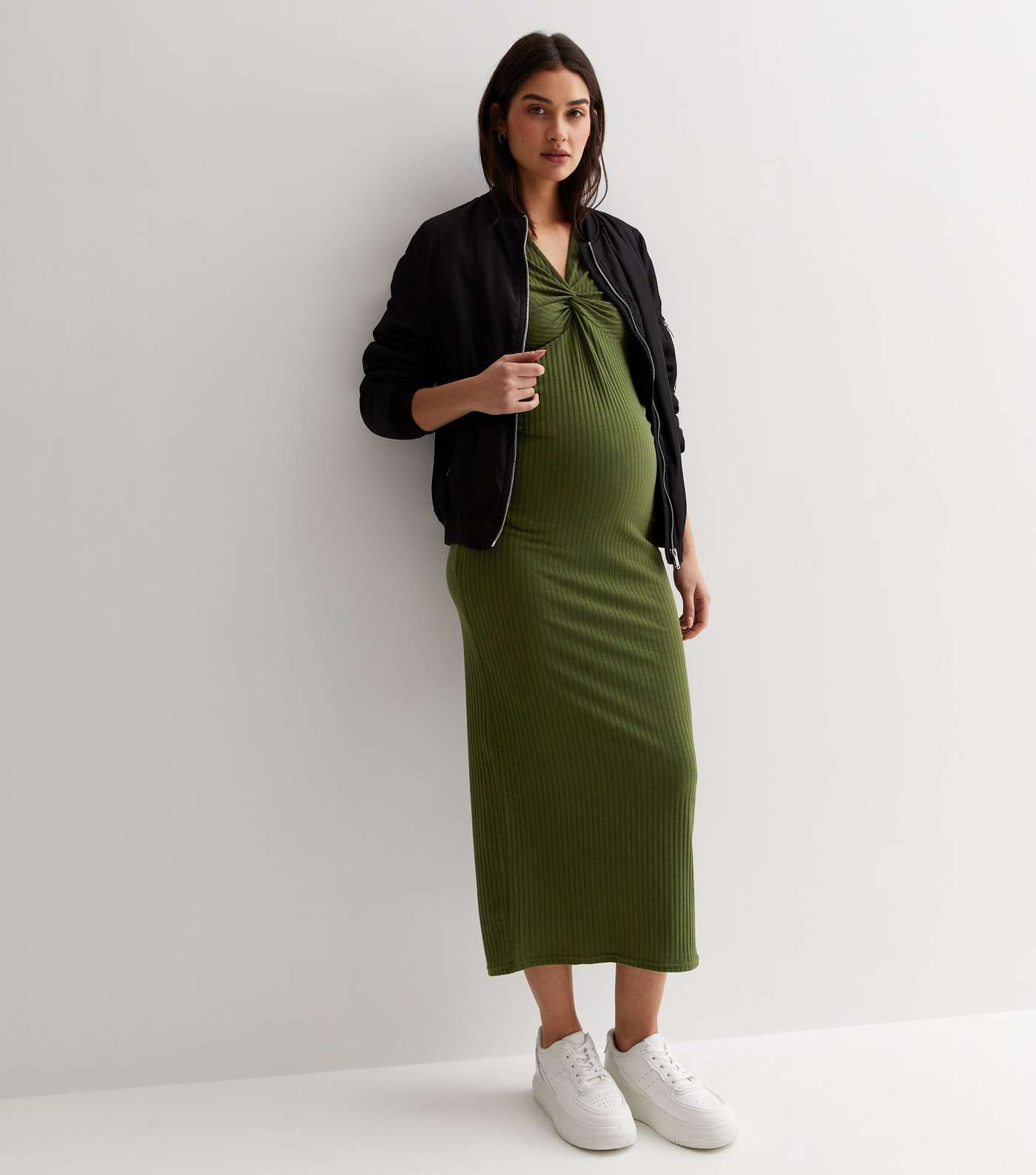 Maternity Dark Green Ribbed Twist Front Midaxi Dress Image 2