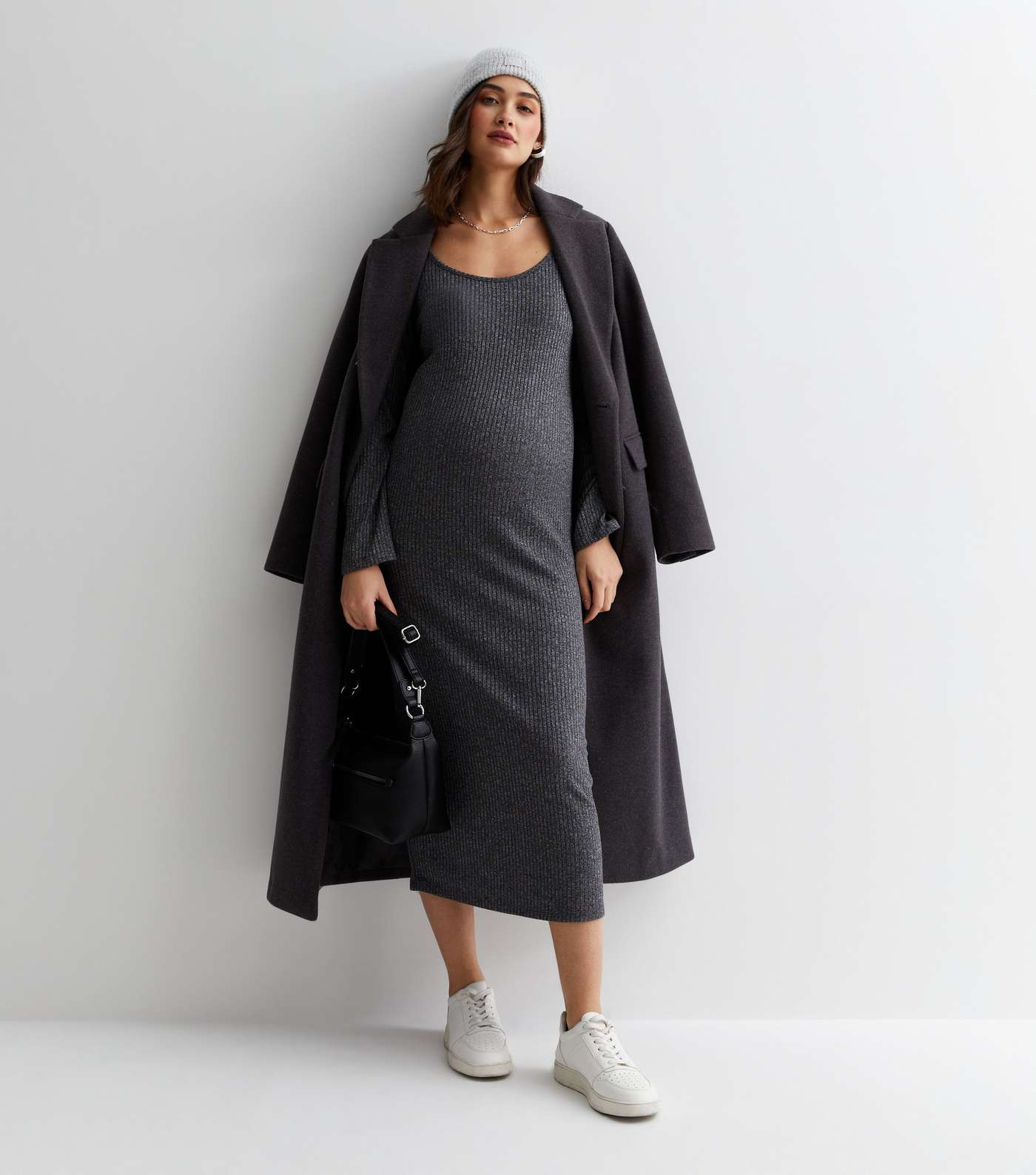Maternity Dark Grey Ribbed Jersey Scoop Midi Dress Image 3