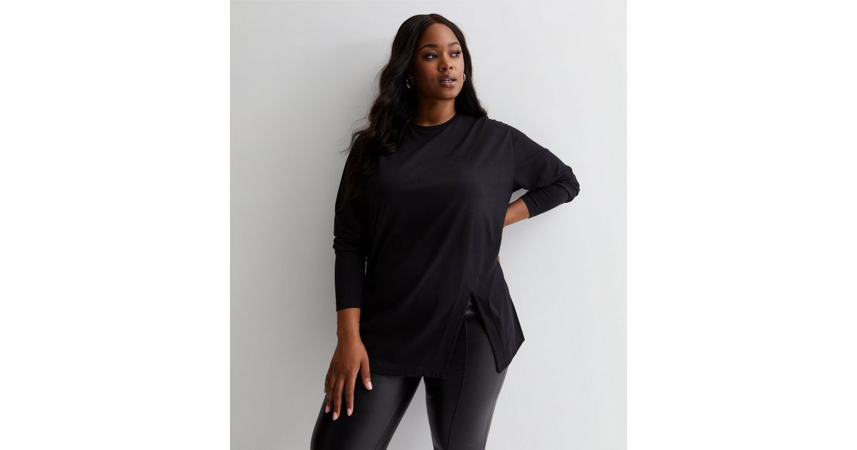 Curves Black Cotton Split Hem Long Sleeve Top