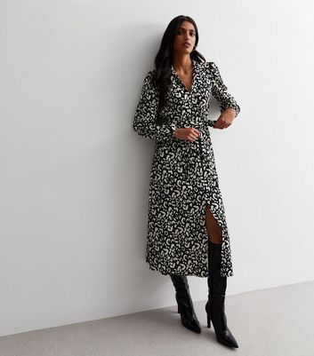 Black Leopard Print Crinkle Belted Midaxi Shirt Dress New Look