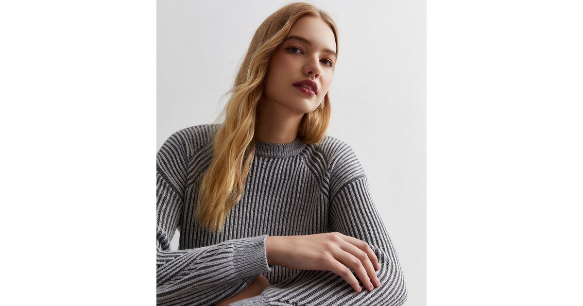 Grey Ribbed Fine Knit Crew Neck Jumper