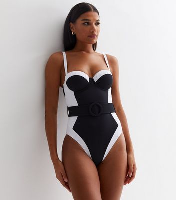 Black Colour Block Belted Illusion Swimsuit