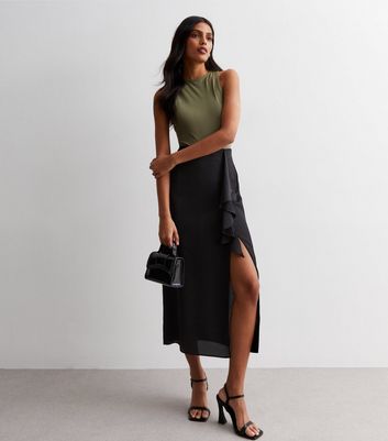 Black Satin Ruffle Split Hem Midi Skirt New Look