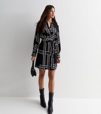 Black Geometric Print Belted Mini Shirt Dress | New Look