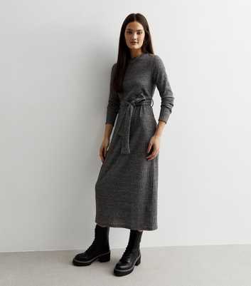 Grey Ribbed Belted Midi Dress