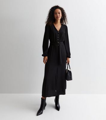 Tall Black V Neck Long Sleeve Belted Midaxi Dress 