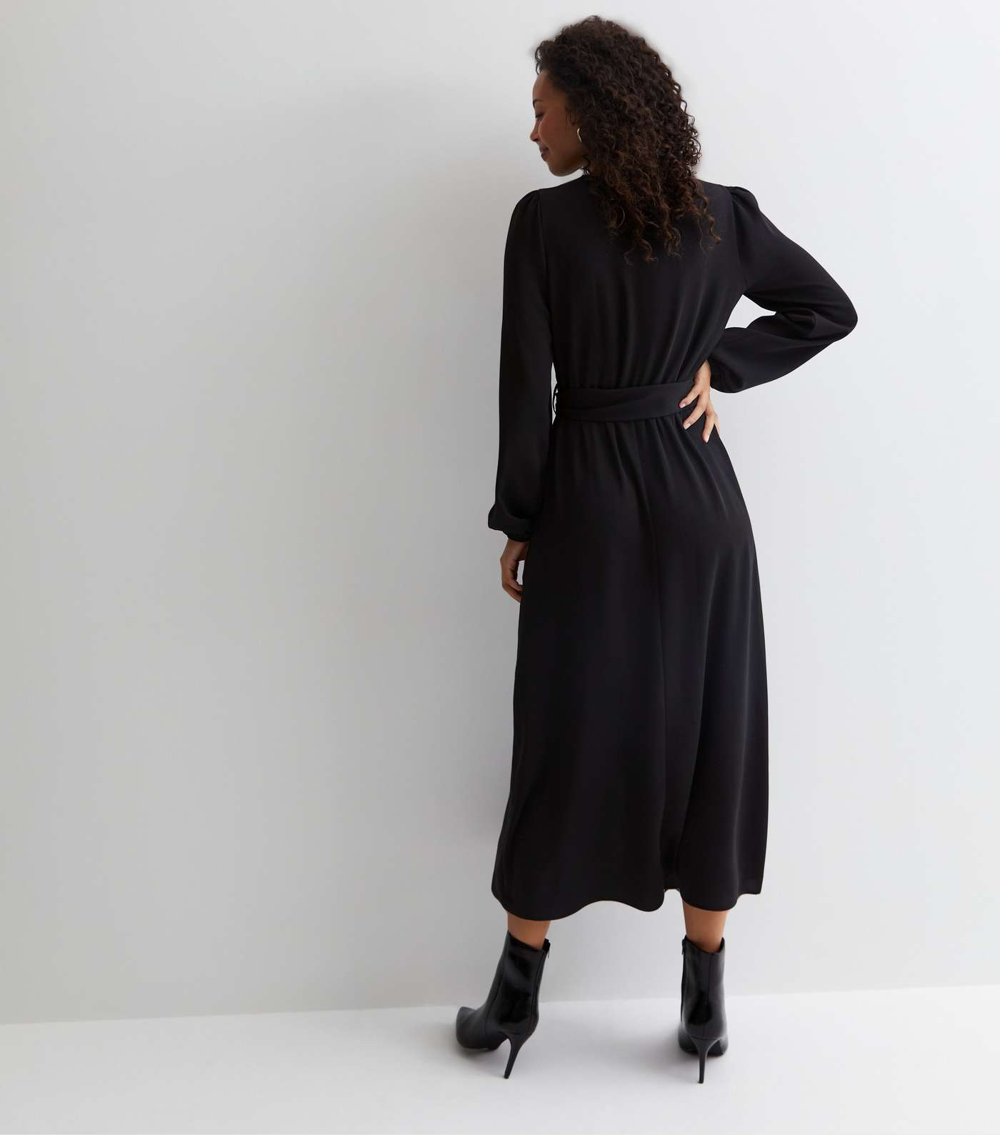 Tall Black V Neck Long Sleeve Belted Midaxi Dress Image 4