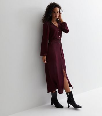 Tall Burgundy V Neck Long Sleeve Belted Midaxi Dress New Look