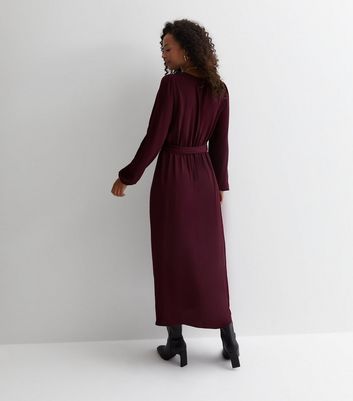 V neck long hotsell sleeve belted maxi dress