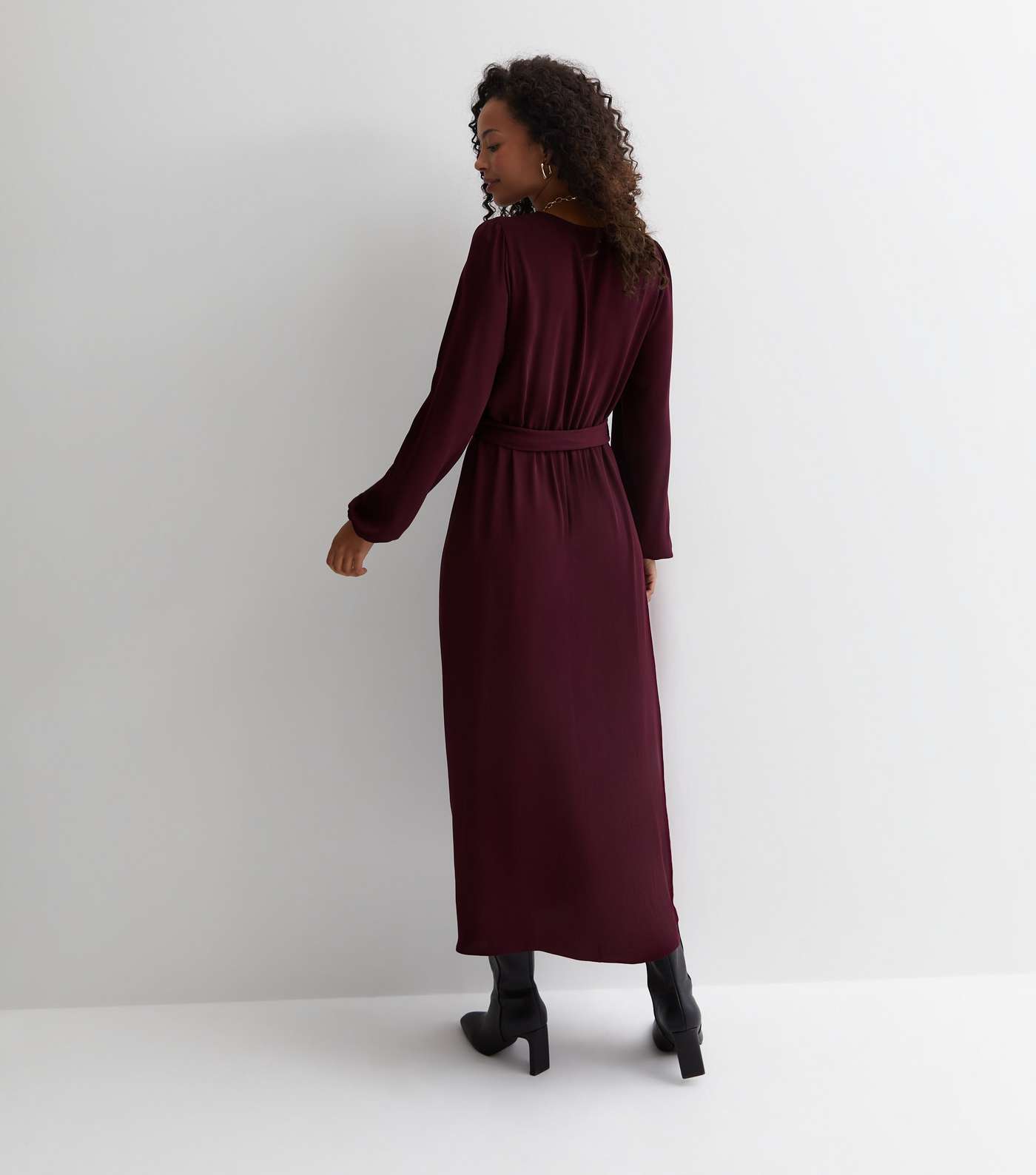Tall Burgundy V Neck Long Sleeve Belted Midaxi Dress Image 4