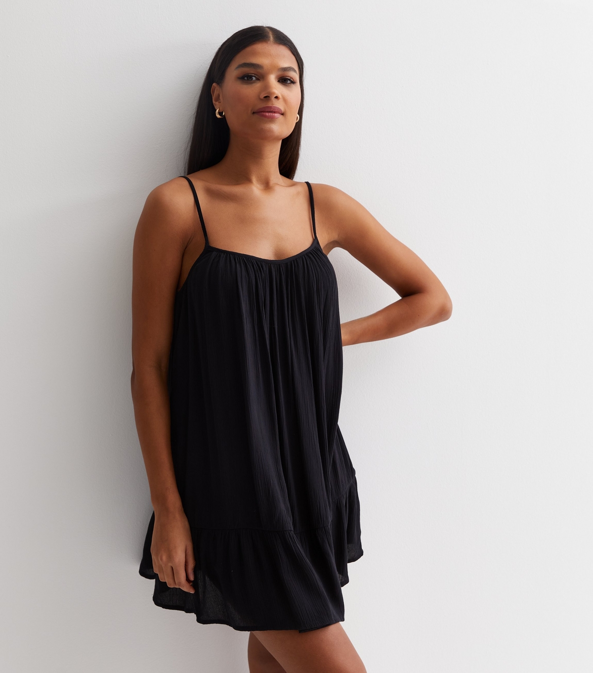 Women's Black Textured Strappy Tiered Hem Mini Dress New Look