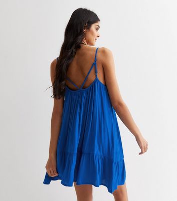 Blue Textured Strappy Tiered Hem Mini Dress New Look