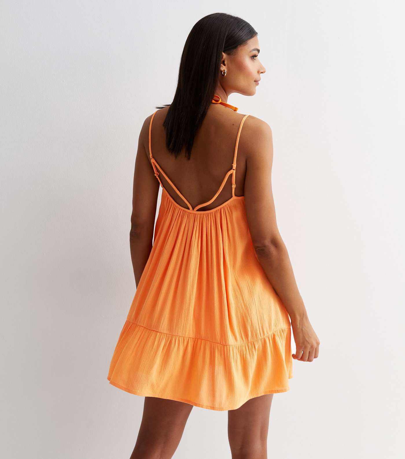 Orange Textured Strappy Tiered Hem Mini Dress Image 4