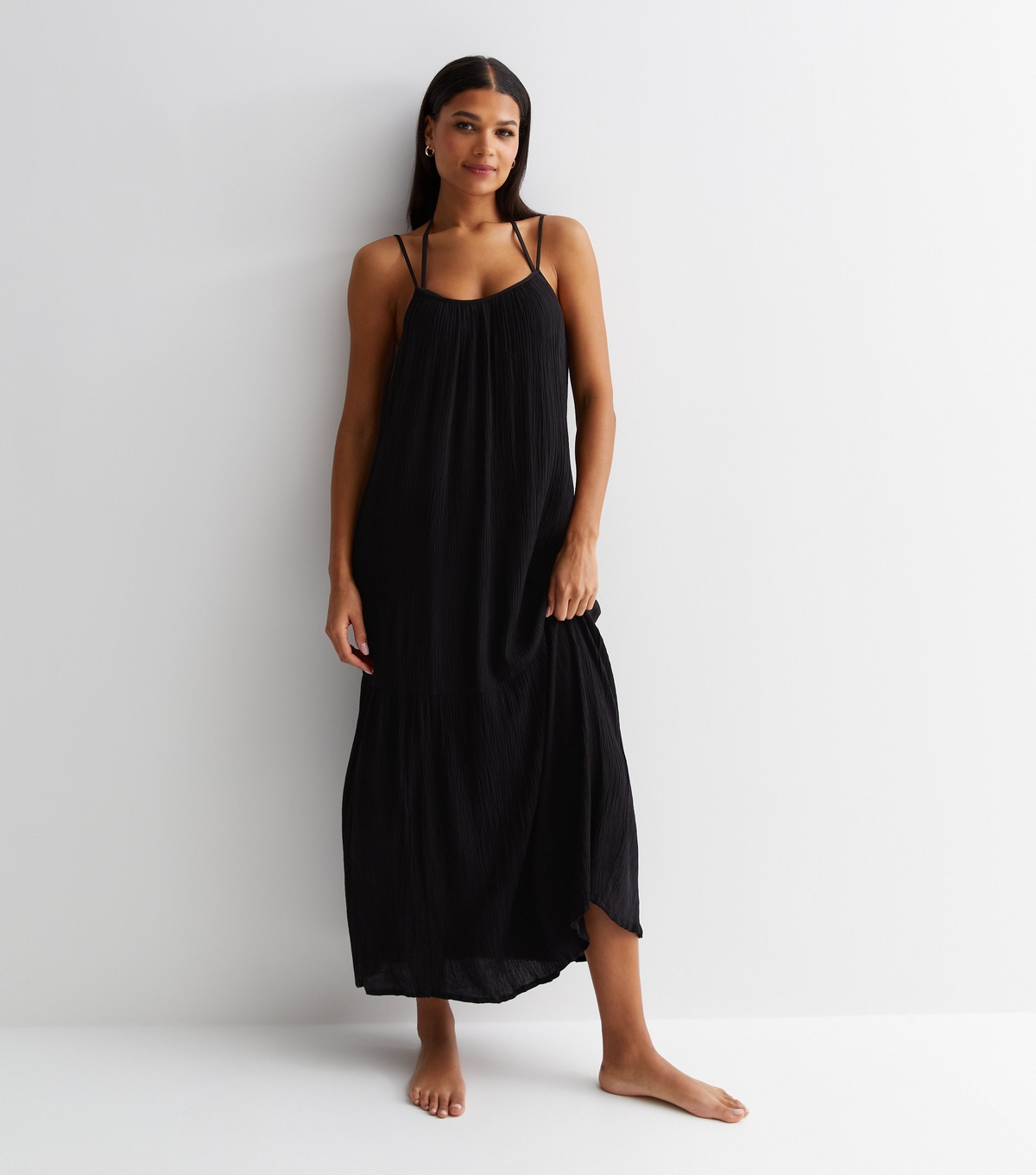 Women's Black Crinkle Tiered Maxi Beach Dress New Look