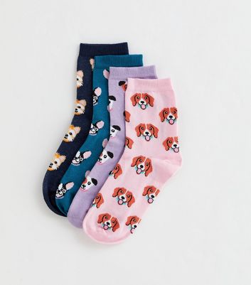 4 Pack Multicoloured Dog Face Socks New Look