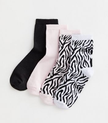 4 Pack Pink Zebra Print and Plain Socks New Look