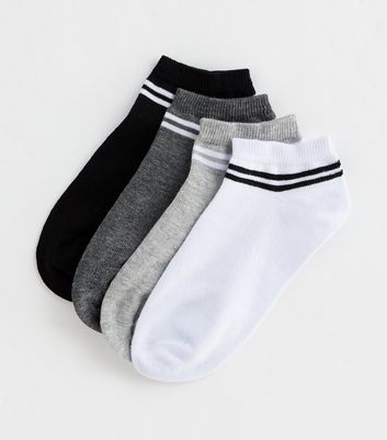 4 Pack Black Grey and White Stripe Trainer Socks New Look