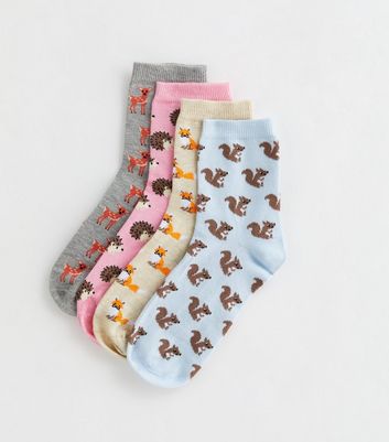 4 Pack Multicoloured Woodland Animals Socks New Look