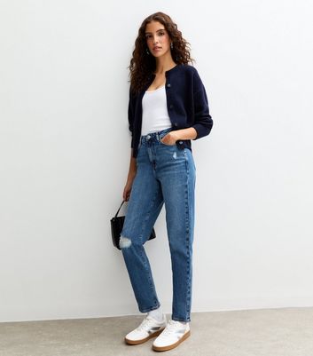 Cotton Denim High Waisted Big Ripped Jeans Mid-Rise Ripped Baggy