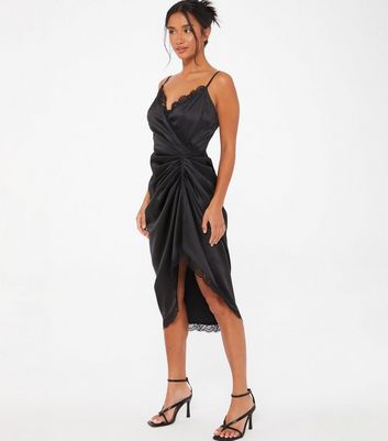 QUIZ Petite Black Satin Ruched Wrap Midi Dress New Look