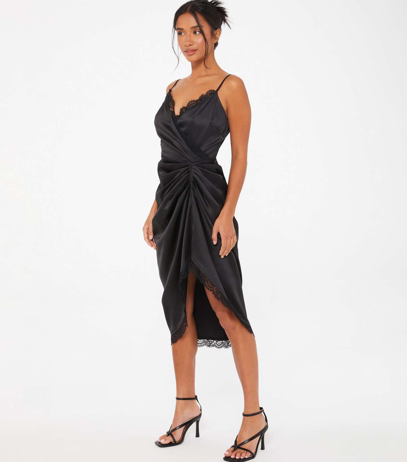 QUIZ Petite Black Satin Ruched Wrap Midi Dress Image 2