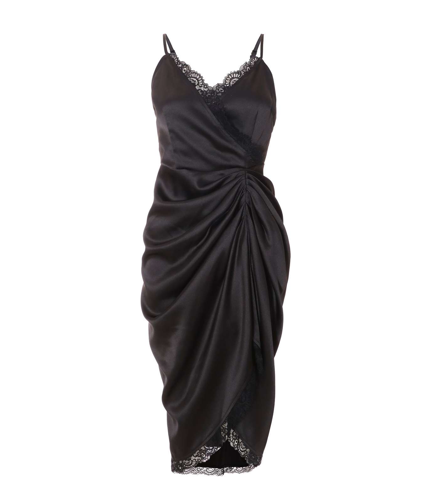 QUIZ Petite Black Satin Ruched Wrap Midi Dress Image 4