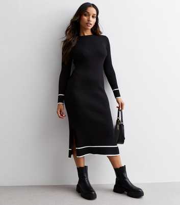 Petite Black Ribbed Contrast Trim Split Hem Midi Dress