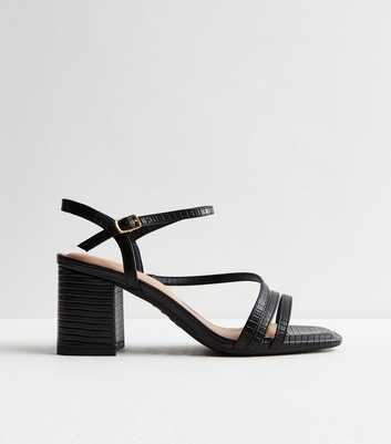 Wide Fit Black Leather-Look Strappy Block Heel Sandals