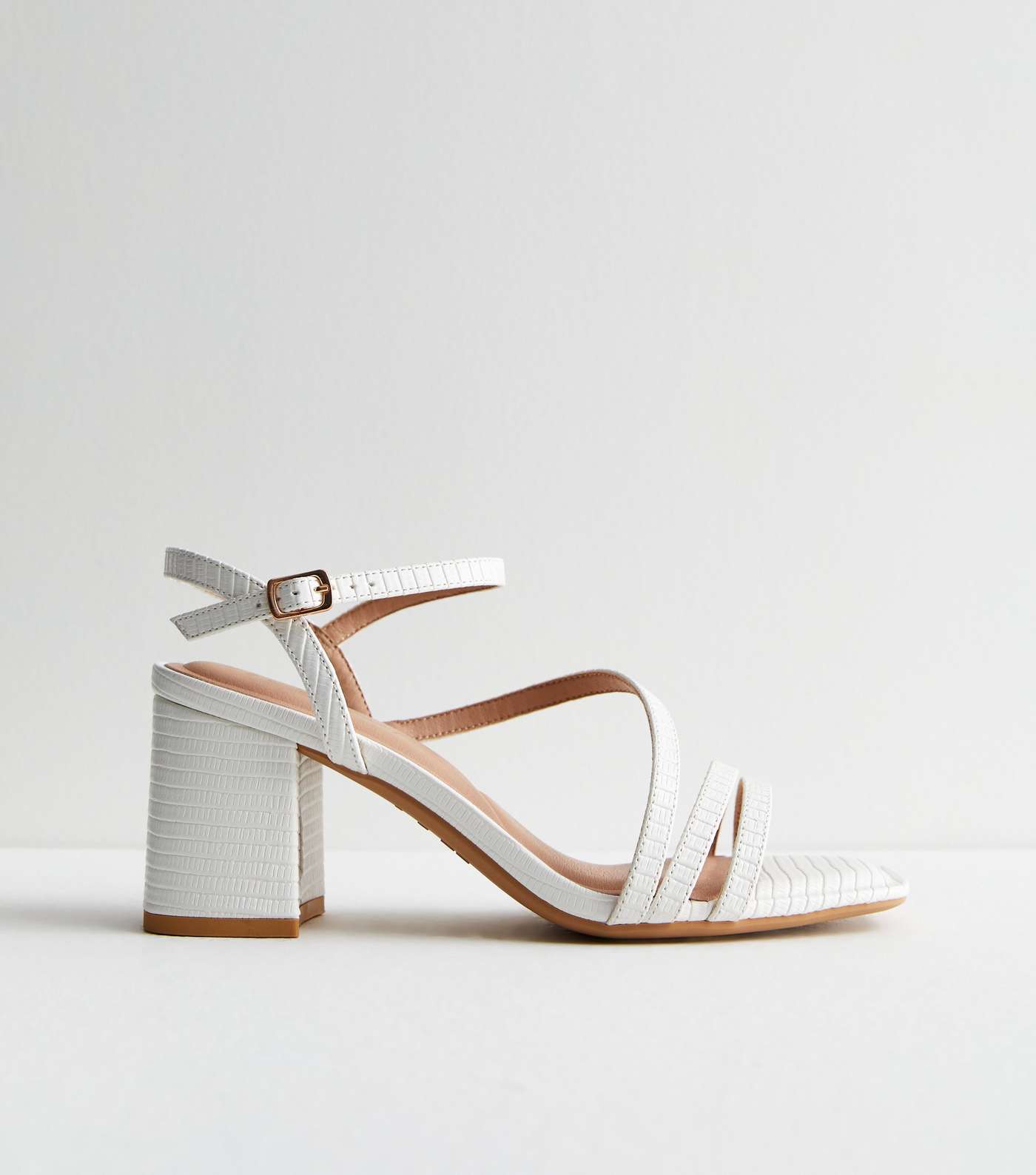 Wide Fit White Leather-Look Strappy Block Heel Sandals Image 3