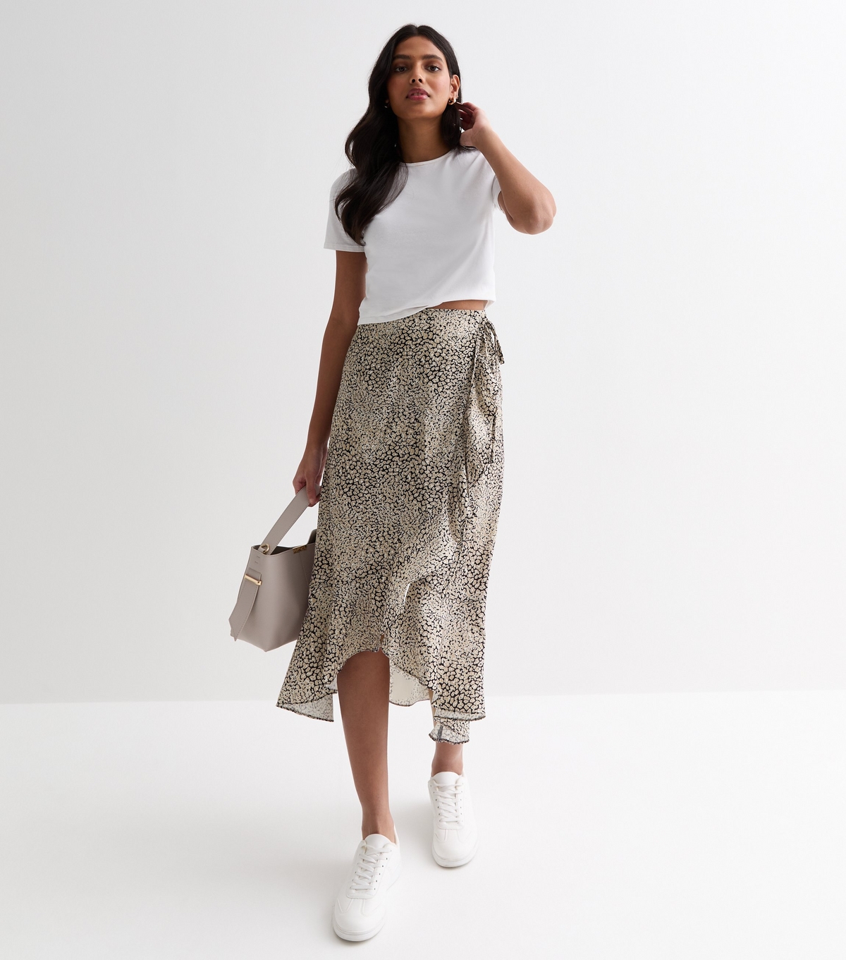 Women's Stone Animal Print Wrap Midi Skirt Gini London New Look