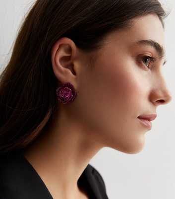 Bright Pink Gemstone Flower Stud Earrings